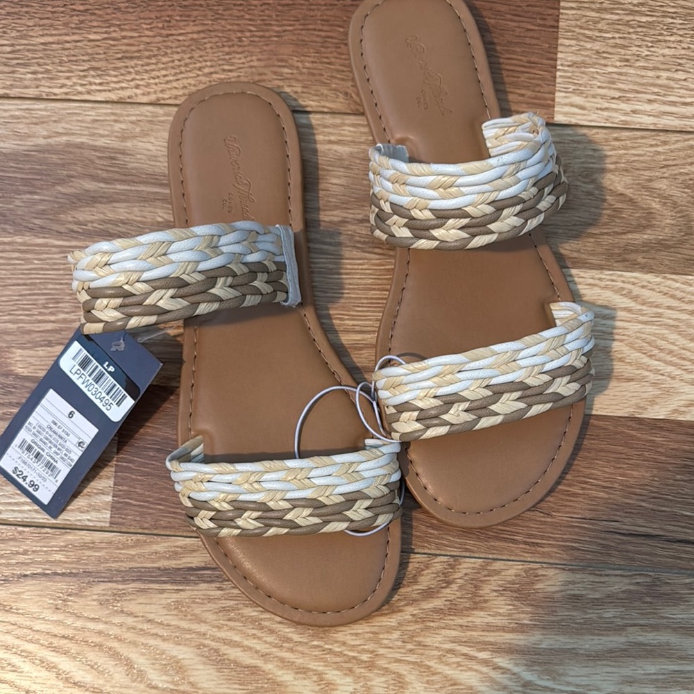 Tan and Cream Braided Sandals with Flat Sole - Picture 3 of 4